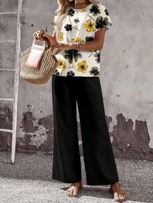 EMERY ROSE 2pcs/Set Women Casual Loose Fit Round Neck Top And Wide Leg Pants, Versatile Outfit For Spring/Autumn Carnival Summer Pants Sets - Multicolor - View 6