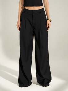 SHEIN Tall 老钱风性感商务休闲高腰褶裥阔腿裤 – 优雅纯色宽松长裤，专业办公着装，时尚修身女士工作裤 - 黑色 - 查看 3