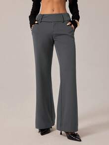 SHEIN PETITE 女士时尚休闲复古口袋喇叭裤，复古风，商务休闲女装，外出穿搭，返校季，巧克力色喇叭裤，休闲裤，复古裤，秋季 - 深灰色 - 查看 2