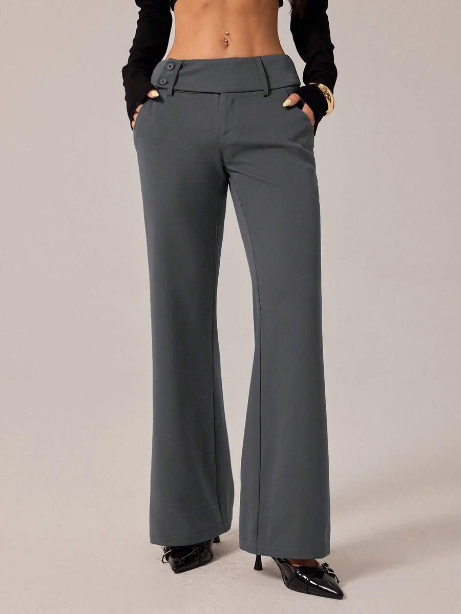 SHEIN PETITE 女士时尚休闲复古口袋喇叭裤，复古风，商务休闲女装，外出穿搭，返校季，巧克力色喇叭裤，休闲裤，复古裤，秋季