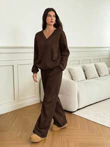 Women's Oversized V-Neck Fluffy Soft Stretch Loose Sweatshirt And Sweatpants 2 Pieces Set, Autumn/Winter Comfy Two Piece Set Brown Two Piece Set Women, Tall Women - Brown - View 11