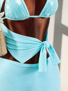 Amplova Conjunto de 3 piezas sexy: Top corto con recorte y torsión en la cintura de unicolor, chaleco de cuello halter y minifalda ajustado - Azul - Ver 7
