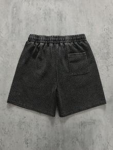 ROMWE MEN Essentials Quần short nam dáng rộng, chất liệu vải jacquard kẻ caro, đã qua xử lý giặt. - màu đen - Xem 3