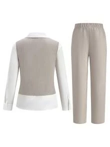 SHEIN Teen Boy 3-Piece Suit: Khaki Vest, Elastic Waist Pants, Bow Tie & Long Sleeve Shirt, Gentleman Style, Spring/Summer In Fall/Winter - Multicolor - View 2