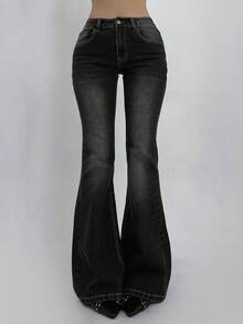 DAZY Quần jeans ống loe nữ, kiểu dáng thường ngày, chất liệu denim, có túi xéo. - màu đen - Xem 6