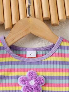 Genkimix Kids 2pcs/Set Girls (Small) Casual Knit Rainbow Ribbed Top Vest And Relaxed Fit Pants, Children Summer Comfortable Outfit - Mauve Purple - View 4