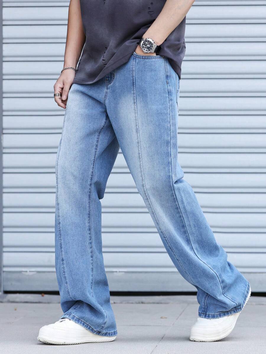 Manfinity Homme Plain Long Light Wash Wide Leg Denim Jeans For Men Casual Modern Style With Zipper - Light Wash - View 1