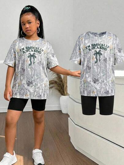 2pcs/Set Tween Girls Trending Driftwood Print Loose T-Shirt + Knit Leggings Outfit, Casual, Fashionable, Versatile, Suitable For Outings, Sister Photo Shoots, Park Trips, Camping, Vacation, Daily Leisure