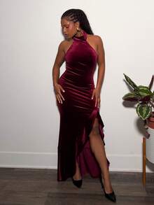 Tyla Gomez 女式荷葉邊掛脖洋裝 - 酒紅色 - 查看 5