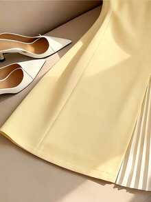 GlowEve Women's Minimalist Commuter Yellow Pleated Design Sleeveless Dress, Suitable For Daily Outings, Dates, Holidays, Skirt - Light Yellow - View 6