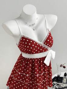 Elamini Summer Cute Sweet Polka Dot Contrast Lace Fitted Multilayer Ruffle Camisole Womens Summer Outfits Cute Outfits For Women Pin Up Outfit Women Outfit Polka Dot Top - Red - View 3