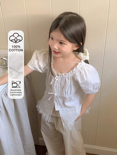 Dazy Kids 女童纯色荷叶边前系带泡泡袖上衣