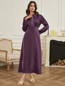 DAZY 女士优雅褶皱拼接长连衣裙，适合通勤或休闲穿着 - 紫色 - 查看 2