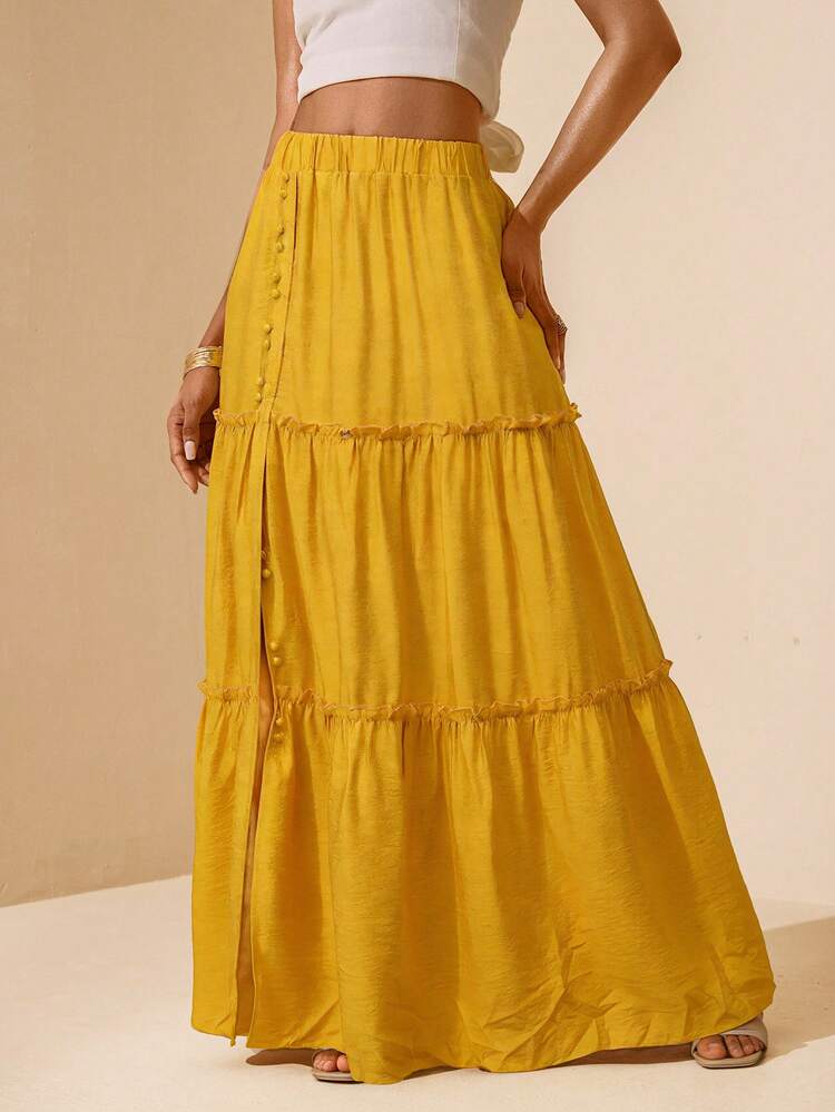 Vesra 女士纯色弹力腰A字纽扣开衩中长裙 - 黃色 - 查看 1