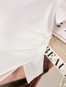 GlowEve Women's Fashion Round Neck Embroidered Pattern Ruched Waist Asymmetric Hem Short Sleeve Casual, Vacation, Party T-Shirt, Spring/Summer - White - View 5