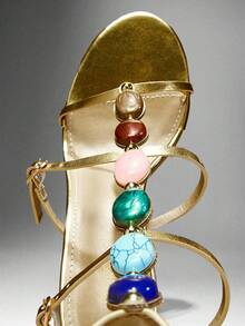 SHUZIA 女士宝石装饰踝带细高跟日常复古性感沙滩优雅金属 PU 金色高跟凉鞋 - 金色 - 查看 5