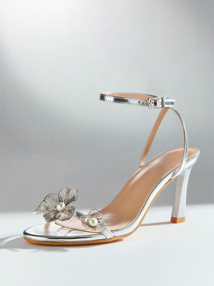 SHUZIA Sandal Wanita Minimalis Modis dengan Ujung Bulat dan Motif Bunga, Hak Stiletto - Perak - View 1