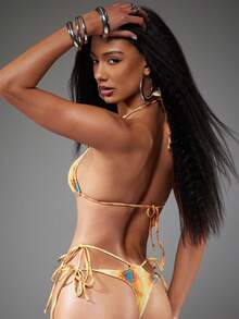 NYA SZN 女士性感蛇纹印花串珠打结露背吊带开衩比基尼套装，夏季海滩度假 - 彩色 - 查看 2