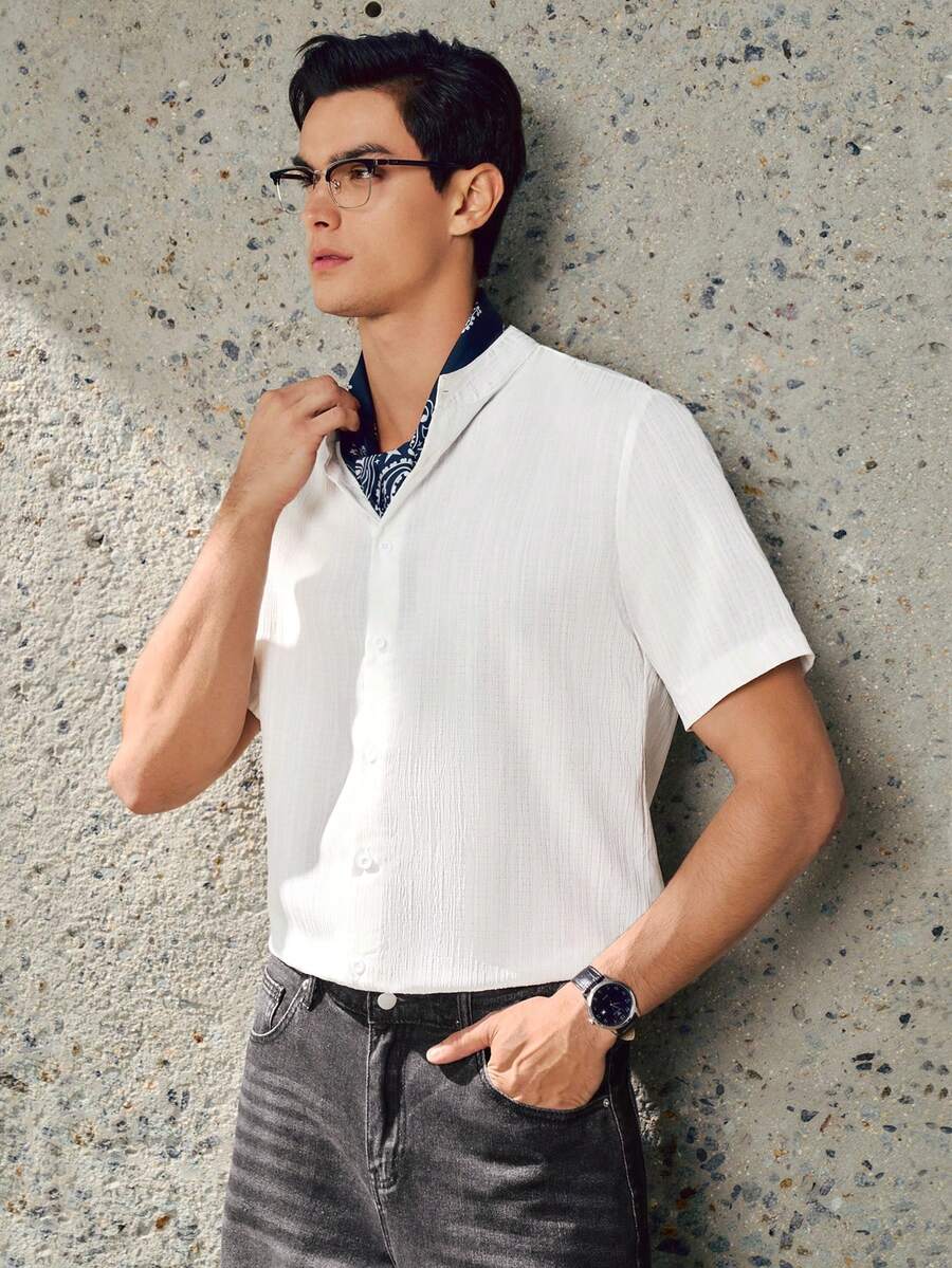 RONVEXI 夏季男士纯色前扣休闲短袖衬衫 - 白色 - 查看 1