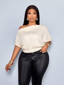 SOLERSUN Women's Solid Asymmetrical Neck Ruched Shoulder Tee - Apricot - View 5