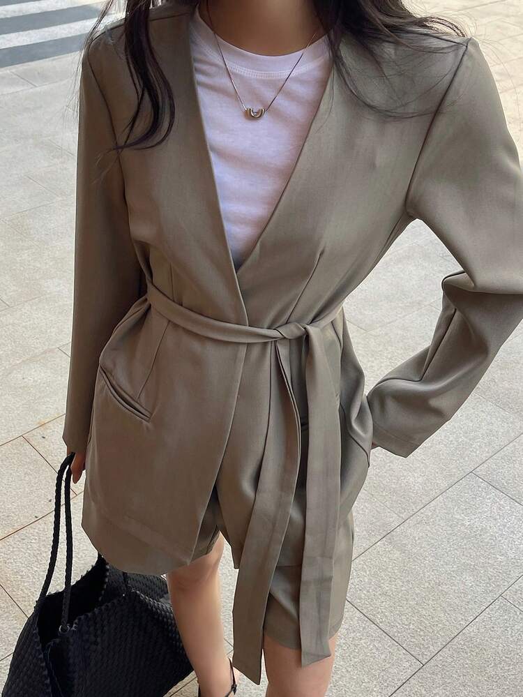 Women's Solid Color Long Sleeve Open Front Jacket And Shorts Casual 2 Pieces Set Summer