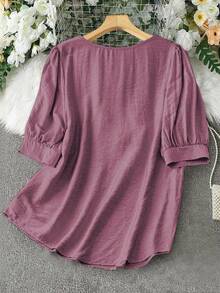 Linhara 度假风夏季V领蓝色复古刺绣宽松休闲上衣，适合大码女性 - 粉色 - 查看 2