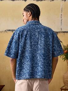 ROMWE MEN Street Life Men's All-Over Print Front Button Pocket Casual Short Sleeve Denim Shirt - Blue - View 3