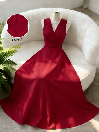 Elenzga New Vintage Spring/Summer French Style Elegant Fashion Resort Design V-Neck Sleeveless Waist Cinched A-Line Long Dress, Casual Daily Wear, Beach, Suitable For Women