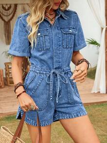 Women's Short Sleeve Single-Breasted Waist Tie Casual Pocket Denim Jumpsuit - Light Wash - View 6