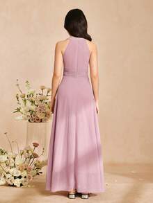 少女优雅雪纺露背褶皱长裙，适合毕业典礼、婚礼、舞会、正式场合，紫色 - 紫色 - 查看 2