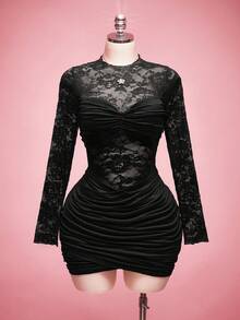 SHEIN ICON Plus Size Black Lace Patchwork Sheer Ruched Long Sleeve Mini Dress Birthday Autumn Sexy Fall Cocktail Date Night Date Night - Black - View 3