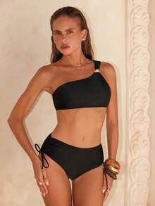 Swim Chiccia 2026 Frühling/Sommer Neue Damen Schwarze Einfarbige Einschultrige Metallic Kordelzug Bikini Zweiteiler - Sexy, vielseitig, retro und eleganter Stil - Bademode, Strandoutfit für Dates, Valentinstag Outfit, Pool Party Outfit, Strandparty Outfit, Musikfestival Outfit Einschultrige Bikinis Einschultrige Bademode Badeanzüge für Damen Schwarze Bademode für Frauen Schwarzer High-Rise Bikini Set - Schwarz - Übersicht 5
