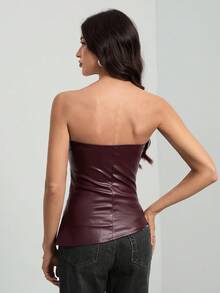 SHEIN Tall 纯色褶皱时尚夏季修身抹胸上衣 - 中紫紅色 - 查看 3