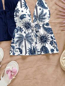 Soleia 2pcs Women Casual Backless Halter Sunflower & Coconut Tree Print Tie Front Camisole Set, Suitable For Summer, Beach, Chic, Travel, Matching Sister Outfits - Multicolor - View 5