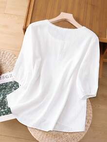 Linhara Áo sơ mi cỡ lớn thêu họa tiết, chất liệu vải lanh, tay lửng, cổ tròn, kiểu Bohemian, thích hợp cho kỳ nghỉ. - trắng - Xem 2