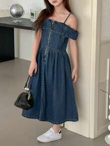 DAZY Tween Girls' Solid Color Denim Zip-Up Dress - Blue - View 4