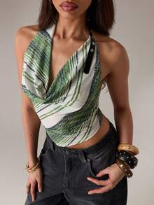 SHEIN BAE Women's Sexy Striped Halter Backless Camisole Top For Summer - Olive Green - View 1