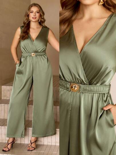 Roveilla Satin Matching V-Neck Waist Strap With Metal Round Buckle Adjustable Waistband Loose Wide Leg Jumpsuit, Elegant Vintage French Style For Office, Casual, Beach, Street, Versatile, Suitable For Spring/Summer
