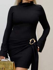 Cioccolato 女士立领收腰极简喇叭袖修身中长连衣裙 - 黑色 - 查看 3