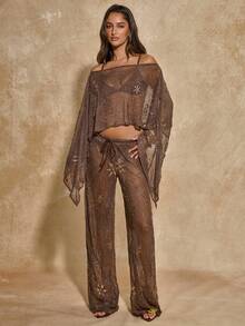 SHEIN BAE Quần ống loe đính sequin màu nâu xuyên thấu, kiểu dáng gợi cảm dành cho nữ, phù hợp cho các lễ hội âm nhạc, tiệc bãi biển, lễ hội hóa trang và các ngày lễ, trang phục ngày Valentine, trang phục dự tiệc, hẹn hò/dã ngoại/tiệc tùng/tụ họp tại hộp đêm, phù hợp cho kỳ nghỉ biển, gặp gỡ bạn gái. - màu nâu - Xem 3
