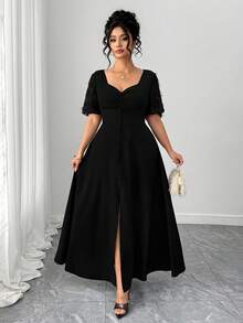 Elenzga Plus Size Women's Solid Color Sweetheart Neck Ruffle Hem Elegant Dress - Black - View 1