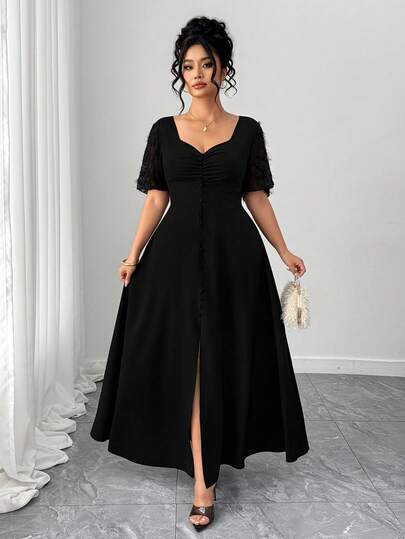 Elenzga 大码女式纯色心形领荷叶边下摆优雅连衣裙