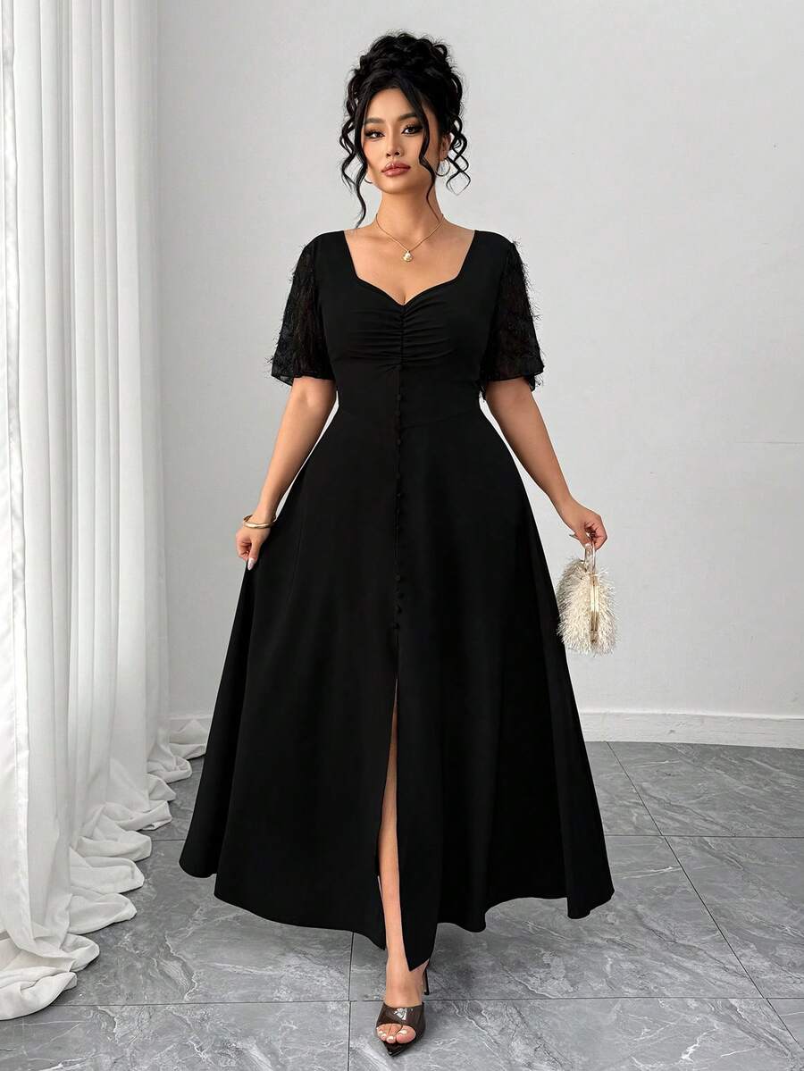 Elenzga Plus Size Women's Solid Color Sweetheart Neck Ruffle Hem Elegant Dress - Black - View 1
