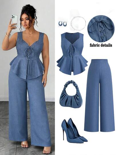 GlowEve CURVE Plus Size Women's Two-Tone Linen-Like Sleeveless Top With Eyelet Lace-Up Bow Ruffle Hem And Elegant Design + Versatile Loose Fit Office Pants, 2 Piece Set