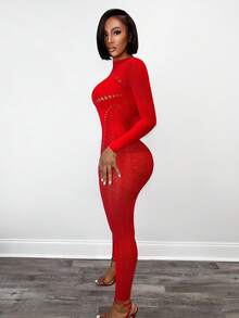 BamGleam Women's Sexy Hollow Heart Mesh Backless Red Jumpsuit - Red - View 4