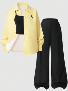 SHEIN Yellow Colorblock Collar Regular Sleeve Patch Pocket Shirt Co-Ords For Tween Girls - Yellow - View 5