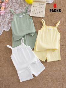 6件套少女吊带短裤，针织提花蕾丝边休闲时尚粉色、白色、黄色内衣套装，春夏款 - 彩色 - 查看 1