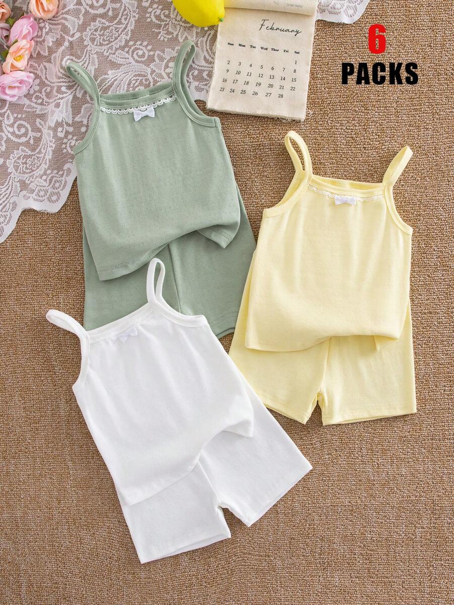 6件套少女吊带短裤，针织提花蕾丝边休闲时尚粉色、白色、黄色内衣套装，春夏款 - 彩色 - 查看 1