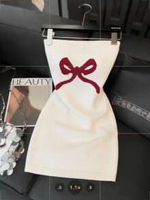 Franclia New Slim Fit Sexy Charming Sweet Gentle Cute Chaste Personalized Fashion Bow Strapless Dress, Suitable For Valentine's Day Date, Party, French Sweet Cool Refined Date, Cute Petite Women Sweater Strapless Dress - Red and White - View 1