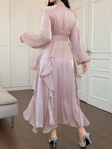 DAZY 系带浪漫优雅收腰喇叭中长连衣裙 - 粉色 - 查看 2